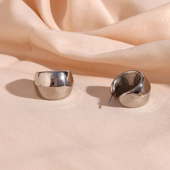 Silver Chunky Hollow C Shape‎ Hoop Earrings - Stainless Steel, Hypoallerg… - Picture 4 of 7